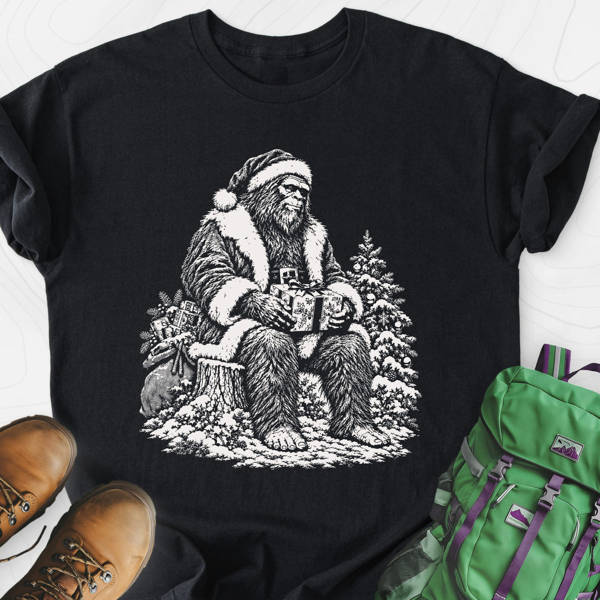 Bigfoot Santa Black front print lightweight T-shirt