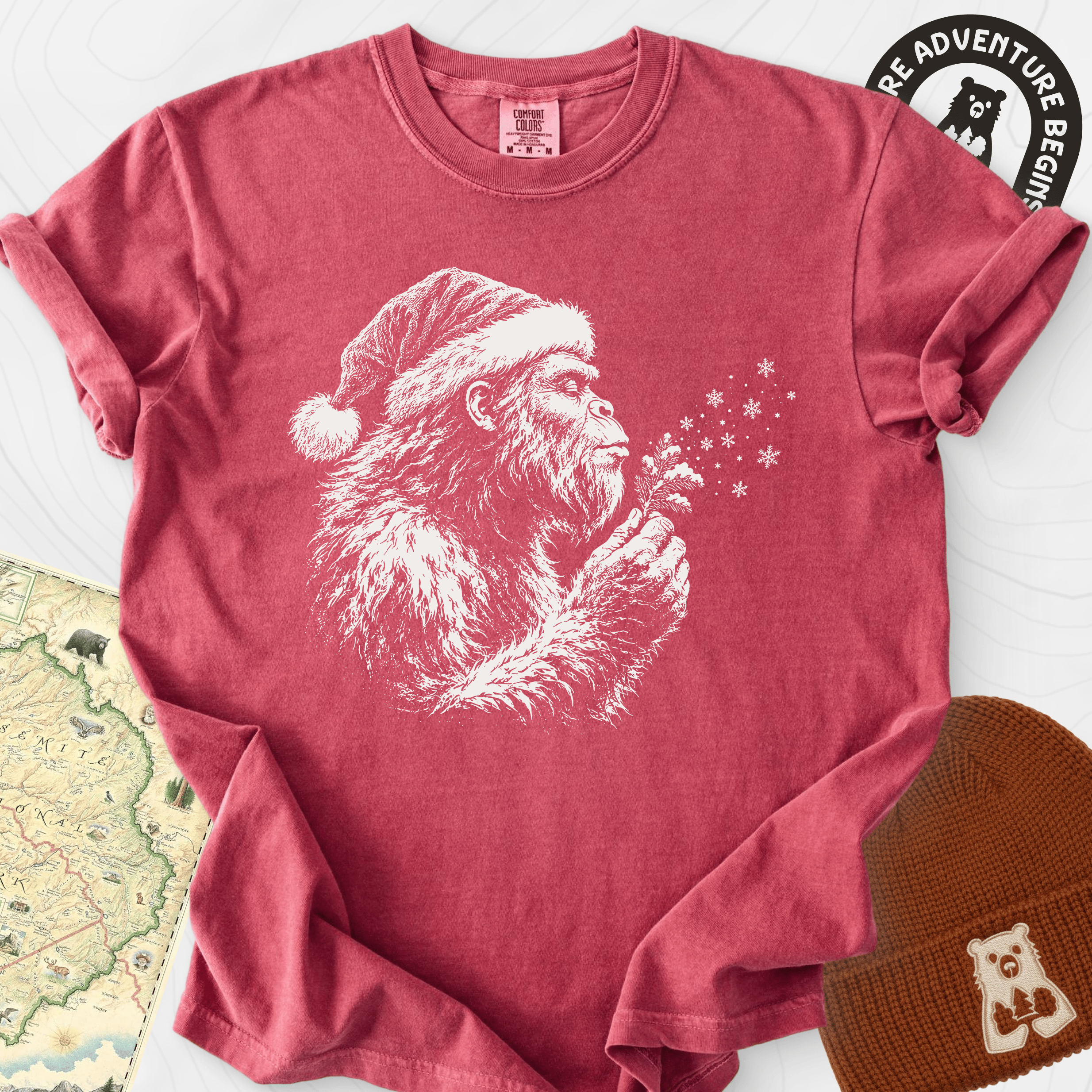 Bigfoot Snow Wishes Crimson front print heavyweight T-shirt