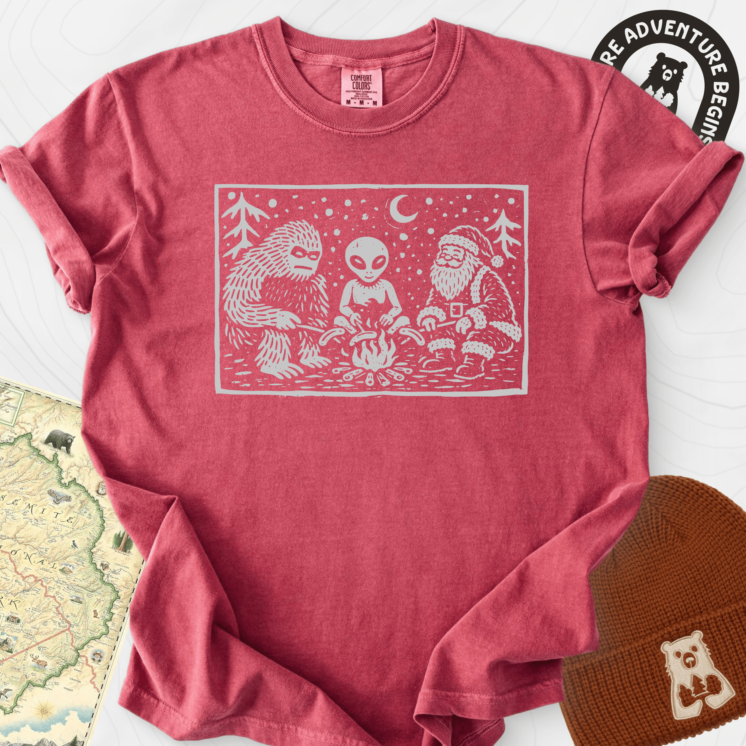 Cryptid Christmas Campfire Crimson front print heavyweight T-shirt