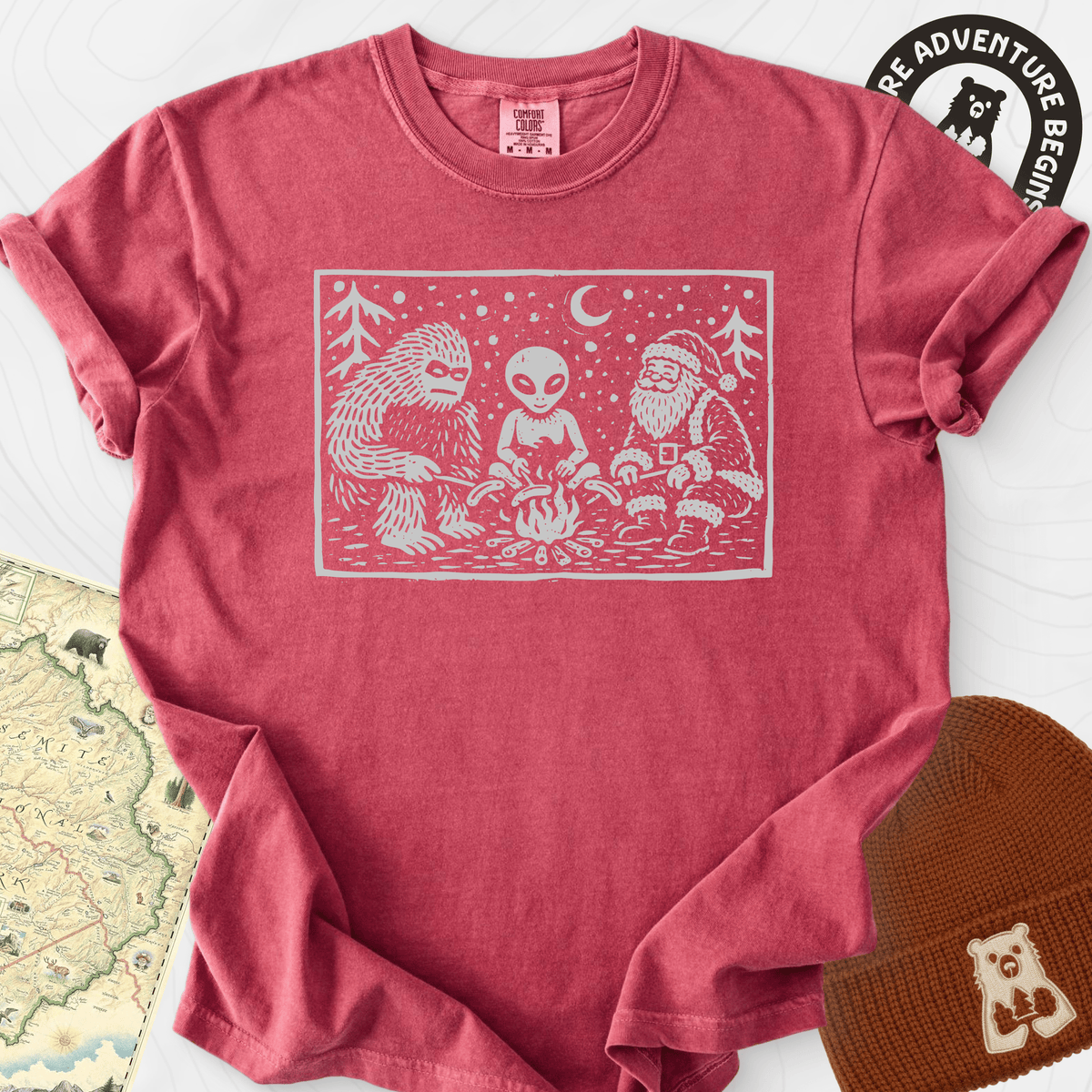 Cryptid Christmas Campfire Crimson front print heavyweight T-shirt