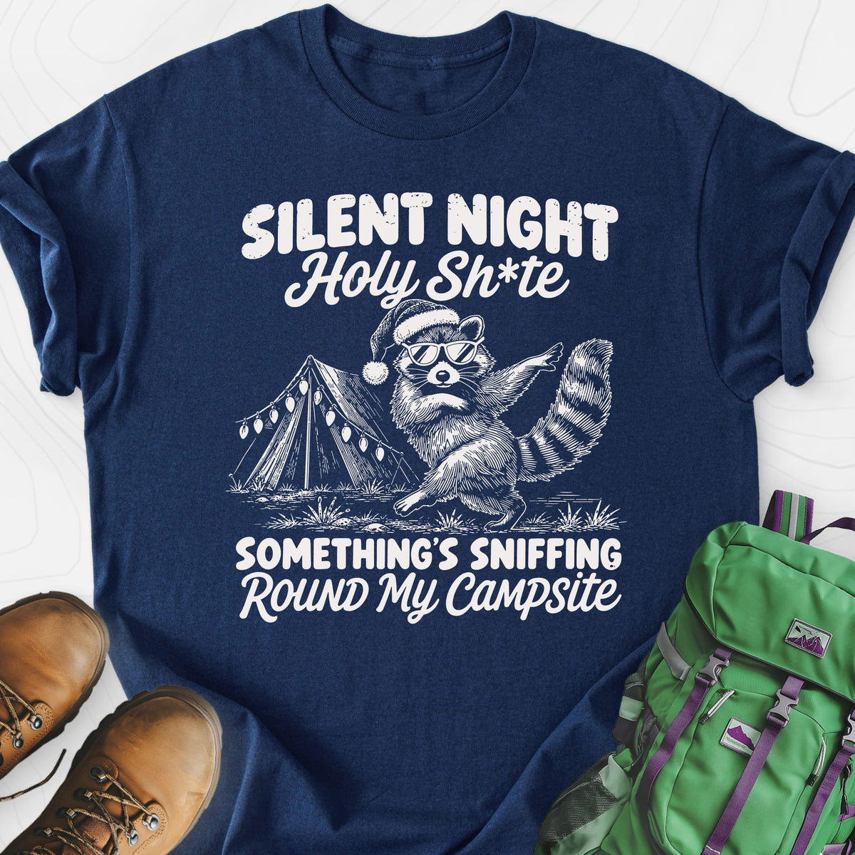 Silent Night Raccoon Navy front print lightweight T-shirt