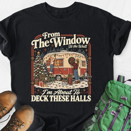 Deck These Halls Camper Black front print lightweight T-shirt