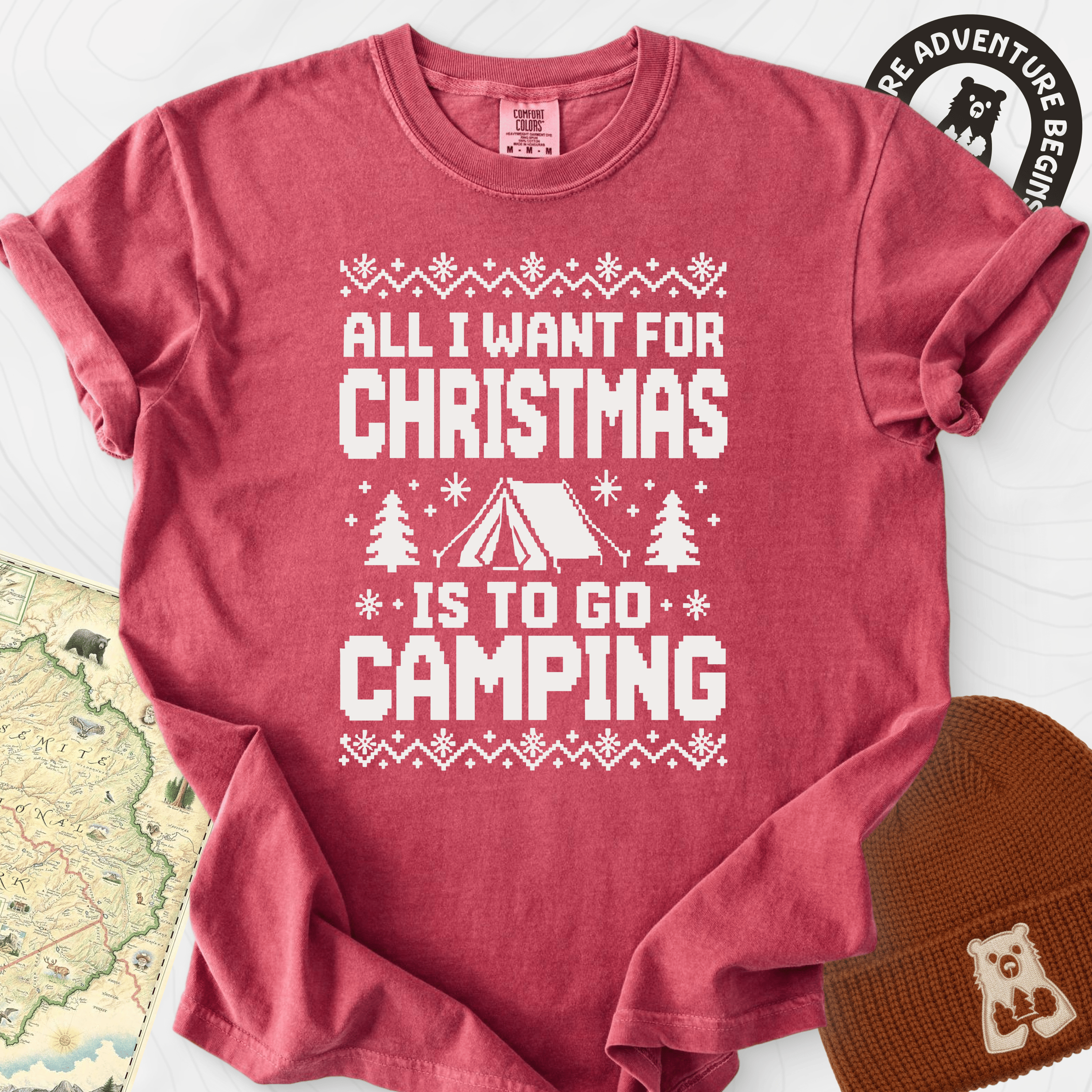 Christmas Camping Wish Crimson front print heavyweight T-shirt