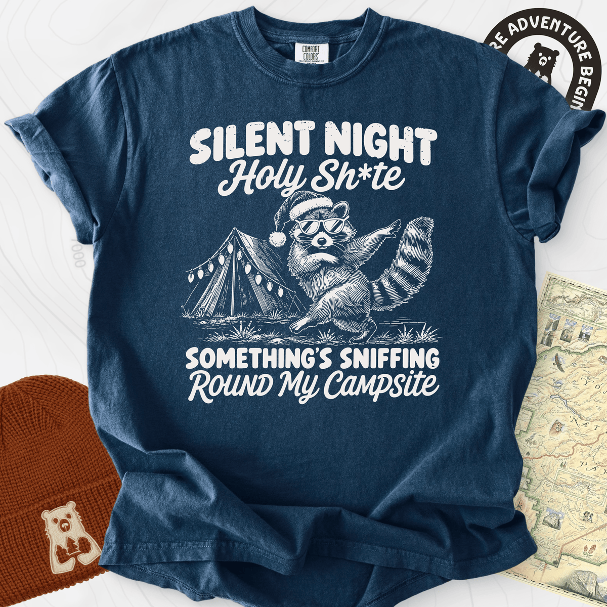 Silent Night Raccoon Navy front print heavyweight T-shirt